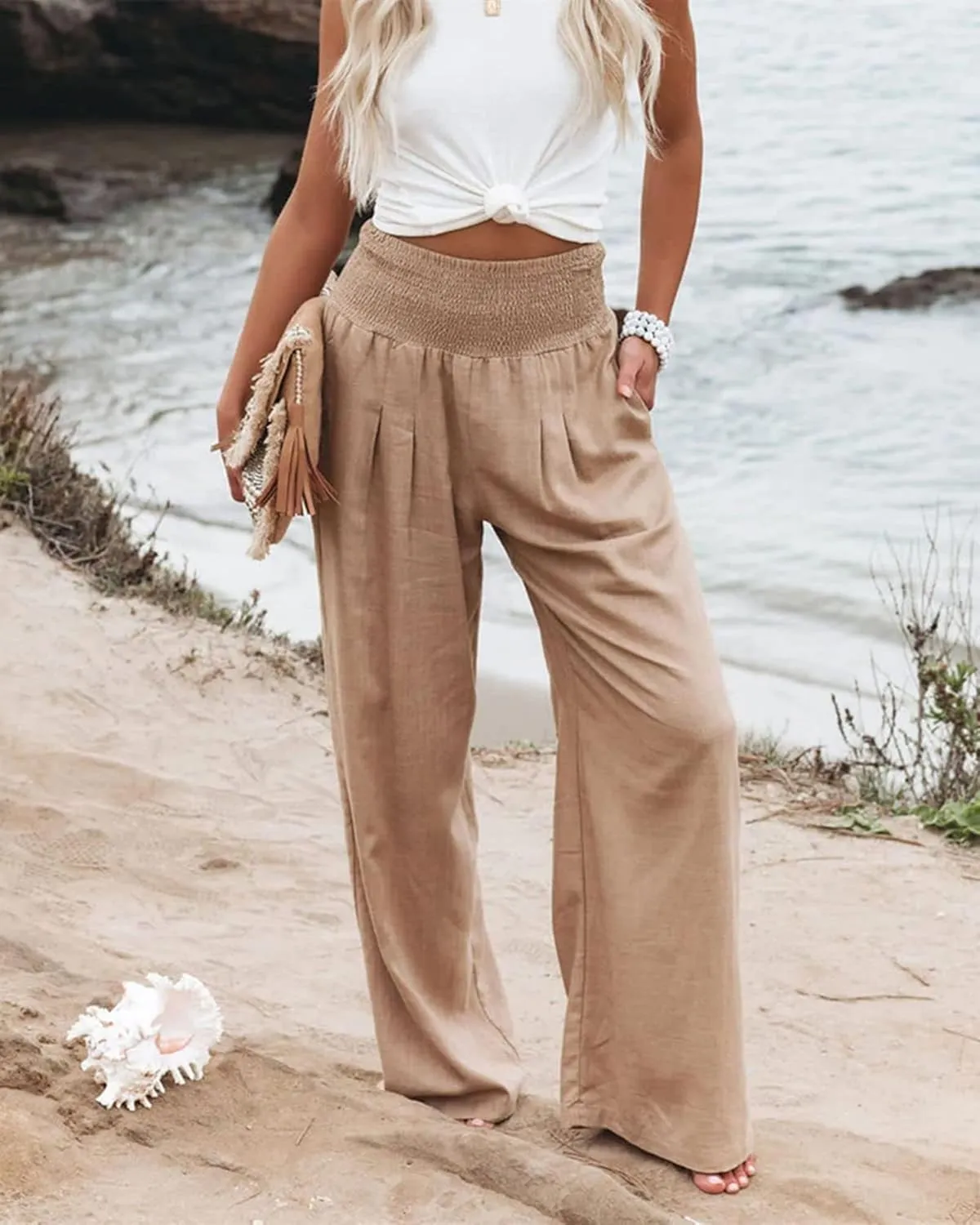 Womens High Waist Palazzo Linen Pants Wide Leg Casual Lightweight Trousers Summer Hawaii Beach Pants Vacation Outfits