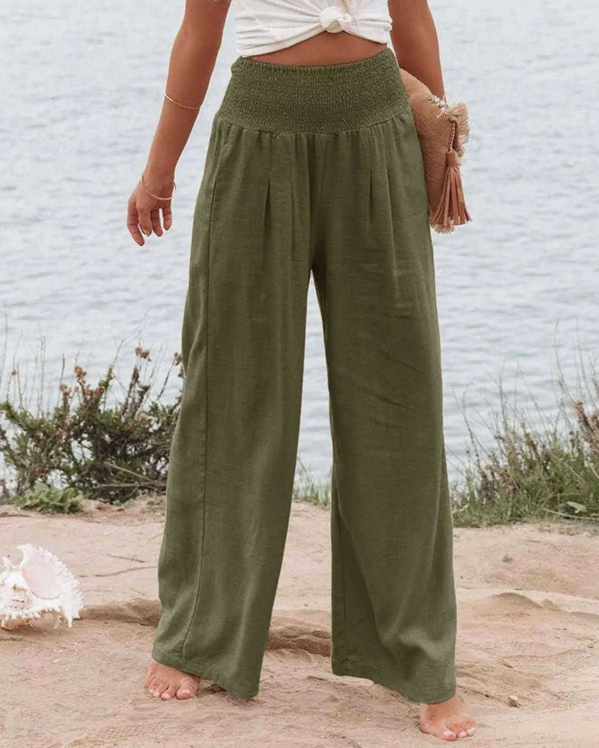Womens High Waist Palazzo Linen Pants Wide Leg Casual Lightweight Trousers Summer Hawaii Beach Pants Vacation Outfits