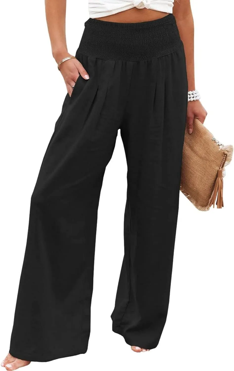 Womens High Waist Palazzo Linen Pants Wide Leg Casual Lightweight Trousers Summer Hawaii Beach Pants Vacation Outfits