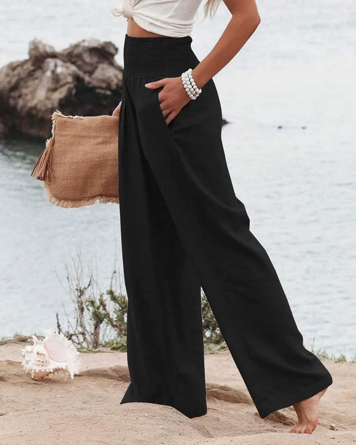 Womens High Waist Palazzo Linen Pants Wide Leg Casual Lightweight Trousers Summer Hawaii Beach Pants Vacation Outfits