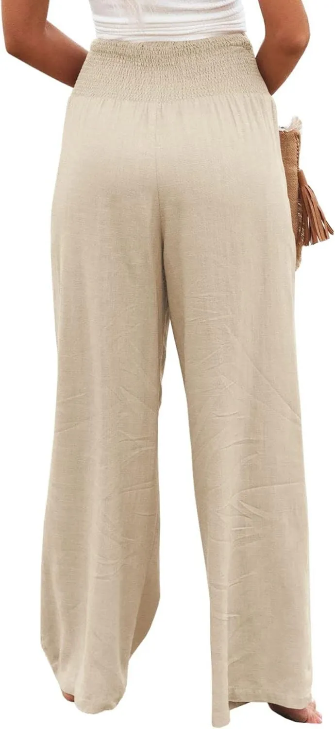 Womens High Waist Palazzo Linen Pants Wide Leg Casual Lightweight Trousers Summer Hawaii Beach Pants Vacation Outfits