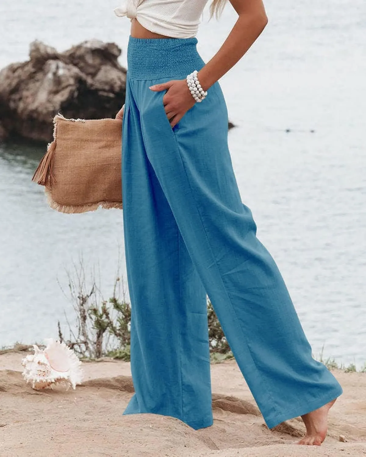 Womens High Waist Palazzo Linen Pants Wide Leg Casual Lightweight Trousers Summer Hawaii Beach Pants Vacation Outfits