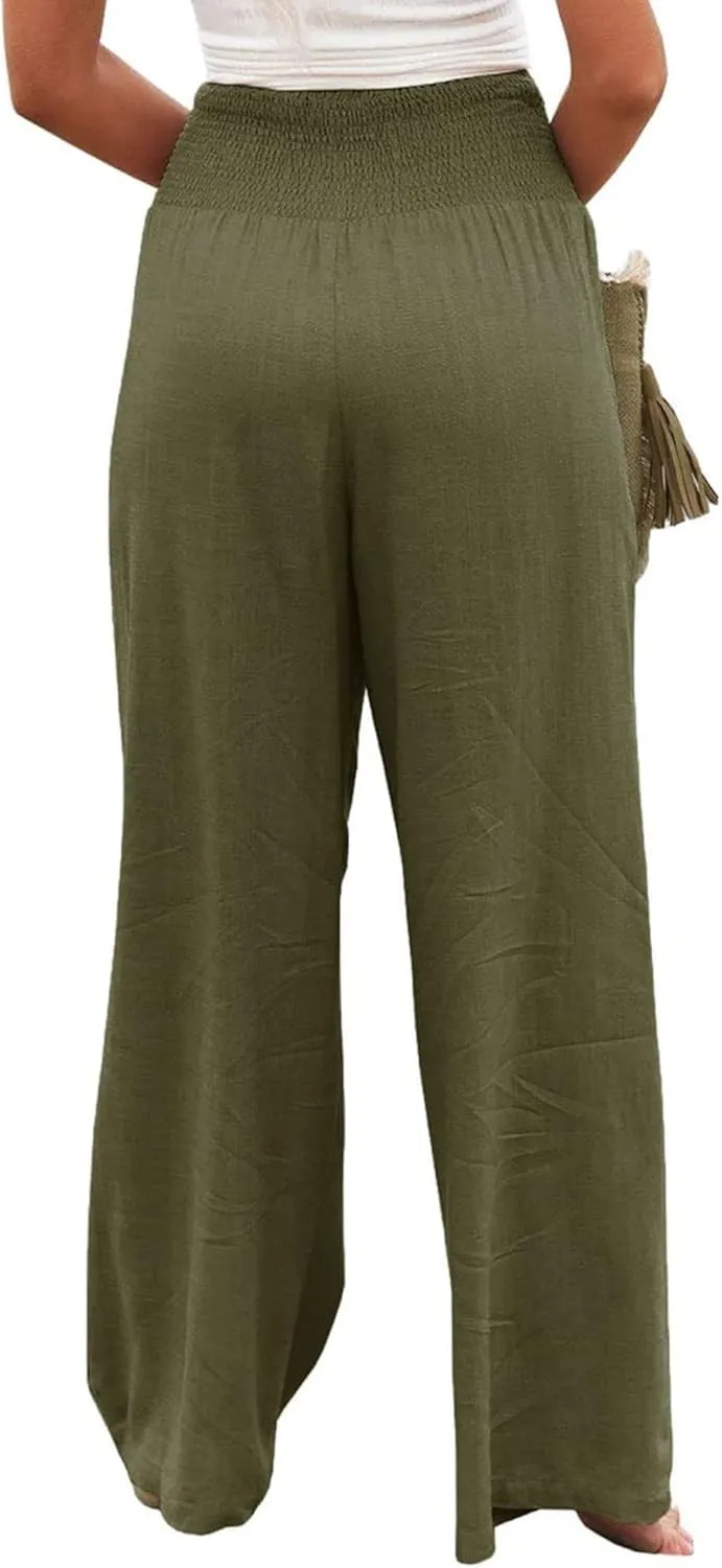 Womens High Waist Palazzo Linen Pants Wide Leg Casual Lightweight Trousers Summer Hawaii Beach Pants Vacation Outfits