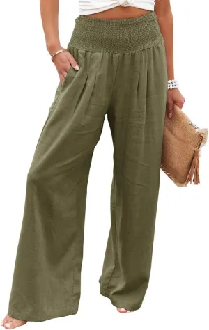 Womens High Waist Palazzo Linen Pants Wide Leg Casual Lightweight Trousers Summer Hawaii Beach Pants Vacation Outfits
