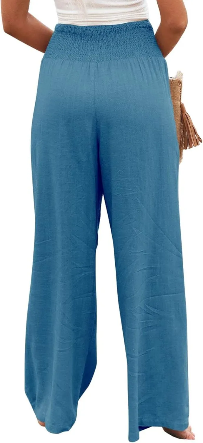 Womens High Waist Palazzo Linen Pants Wide Leg Casual Lightweight Trousers Summer Hawaii Beach Pants Vacation Outfits