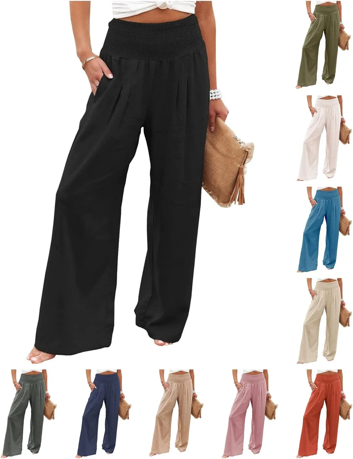 Womens High Waist Palazzo Linen Pants Wide Leg Casual Lightweight Trousers Summer Hawaii Beach Pants Vacation Outfits