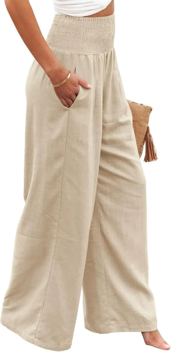 Womens High Waist Palazzo Linen Pants Wide Leg Casual Lightweight Trousers Summer Hawaii Beach Pants Vacation Outfits
