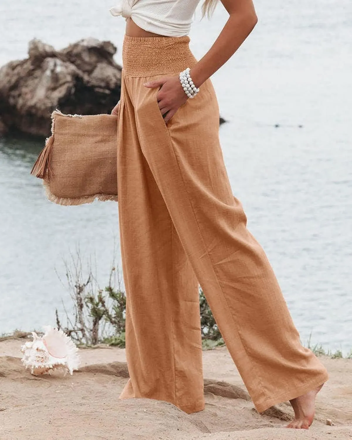 Womens High Waist Palazzo Linen Pants Wide Leg Casual Lightweight Trousers Summer Hawaii Beach Pants Vacation Outfits