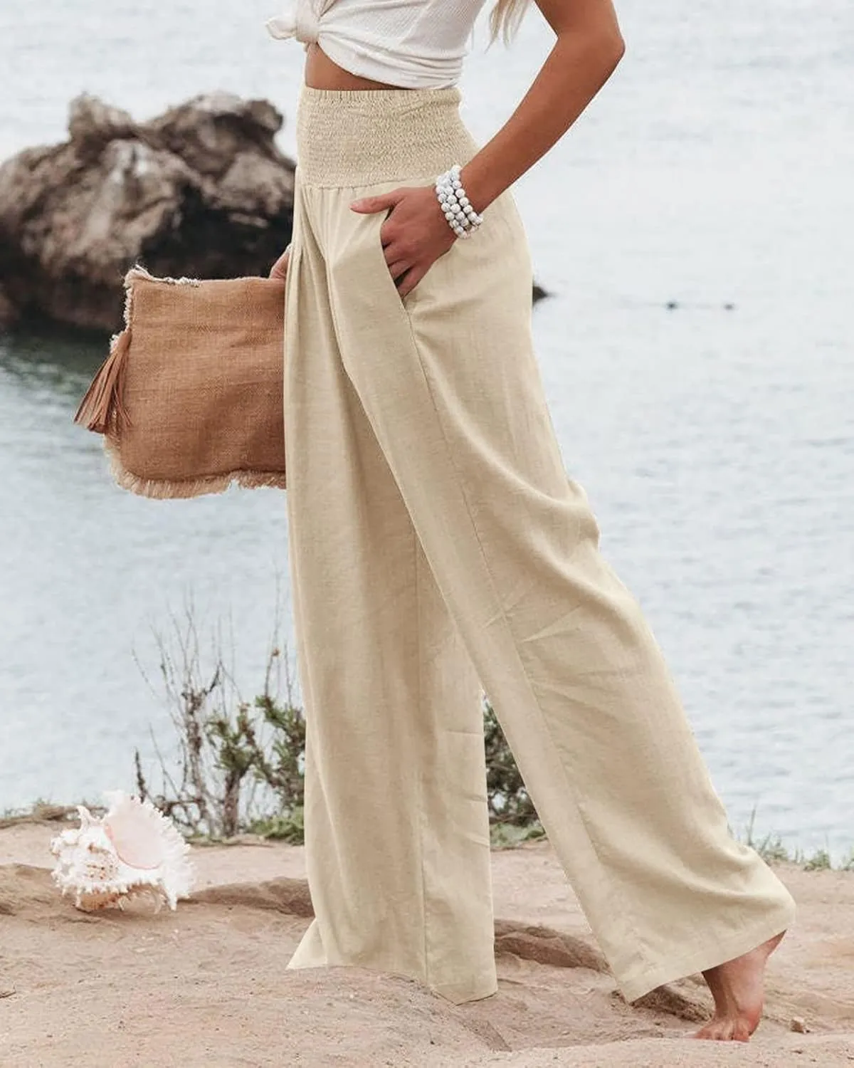 Womens High Waist Palazzo Linen Pants Wide Leg Casual Lightweight Trousers Summer Hawaii Beach Pants Vacation Outfits