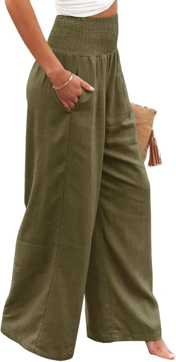 Womens High Waist Palazzo Linen Pants Wide Leg Casual Lightweight Trousers Summer Hawaii Beach Pants Vacation Outfits