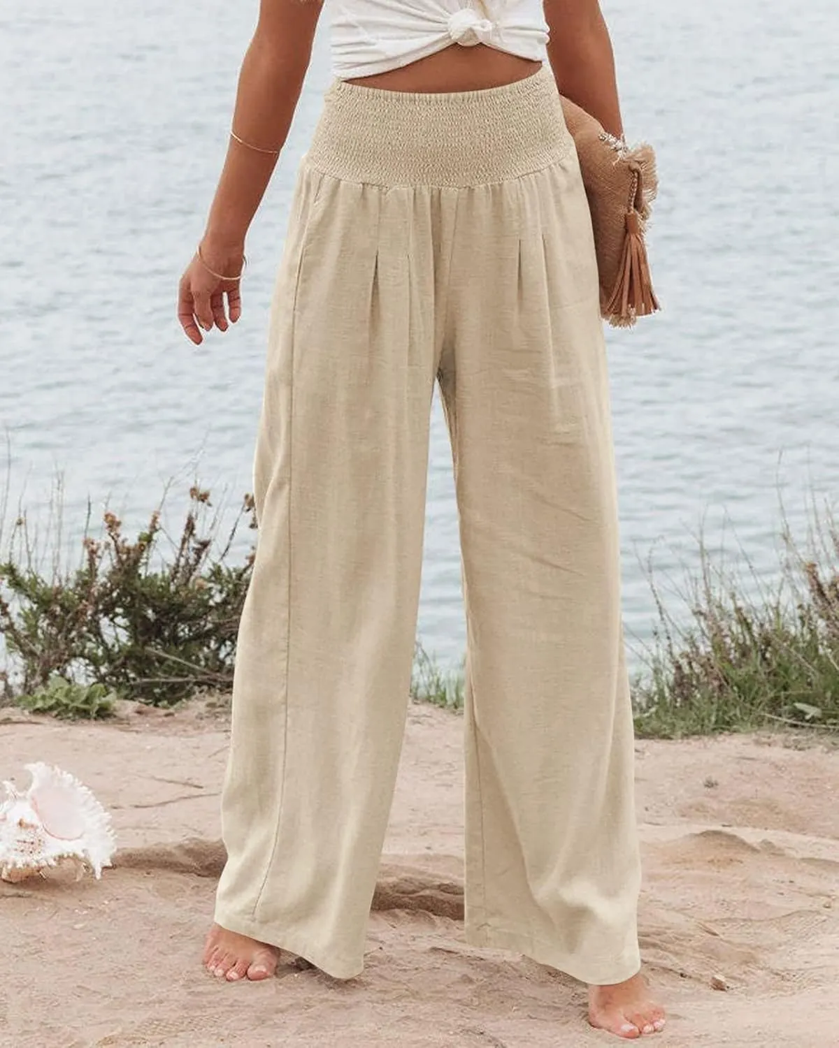 Womens High Waist Palazzo Linen Pants Wide Leg Casual Lightweight Trousers Summer Hawaii Beach Pants Vacation Outfits