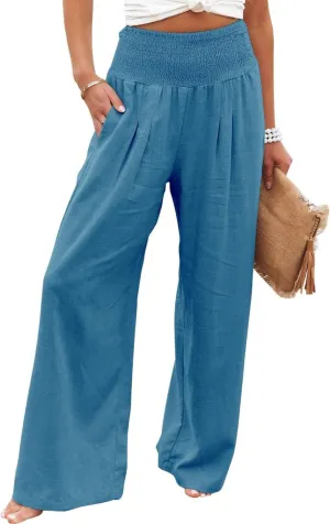 Womens High Waist Palazzo Linen Pants Wide Leg Casual Lightweight Trousers Summer Hawaii Beach Pants Vacation Outfits