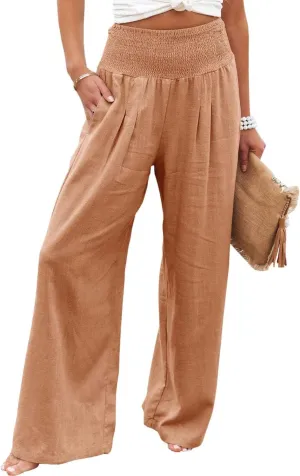 Womens High Waist Palazzo Linen Pants Wide Leg Casual Lightweight Trousers Summer Hawaii Beach Pants Vacation Outfits