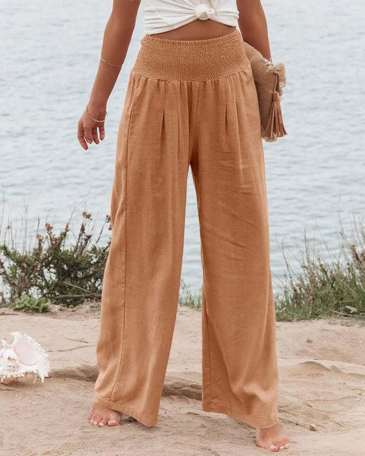 Womens High Waist Palazzo Linen Pants Wide Leg Casual Lightweight Trousers Summer Hawaii Beach Pants Vacation Outfits