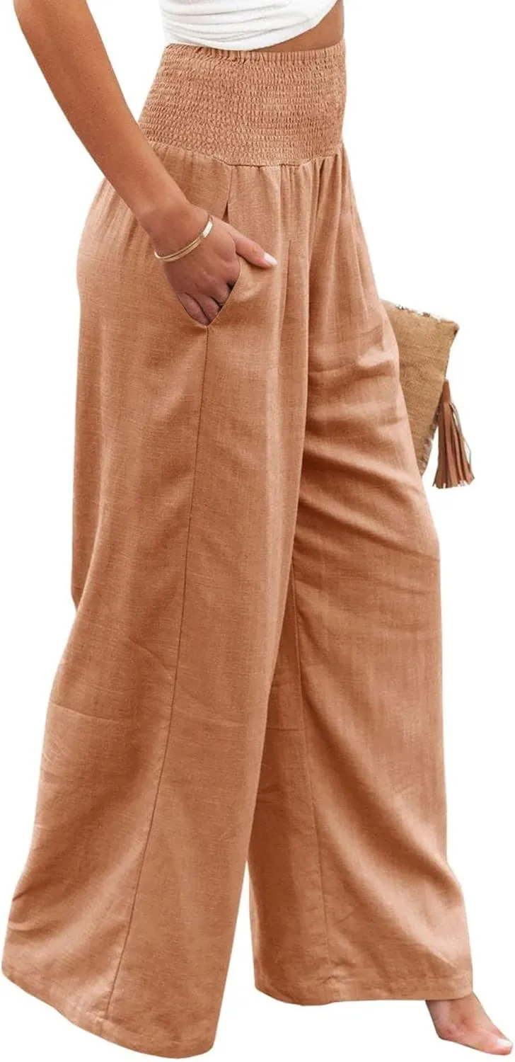 Womens High Waist Palazzo Linen Pants Wide Leg Casual Lightweight Trousers Summer Hawaii Beach Pants Vacation Outfits