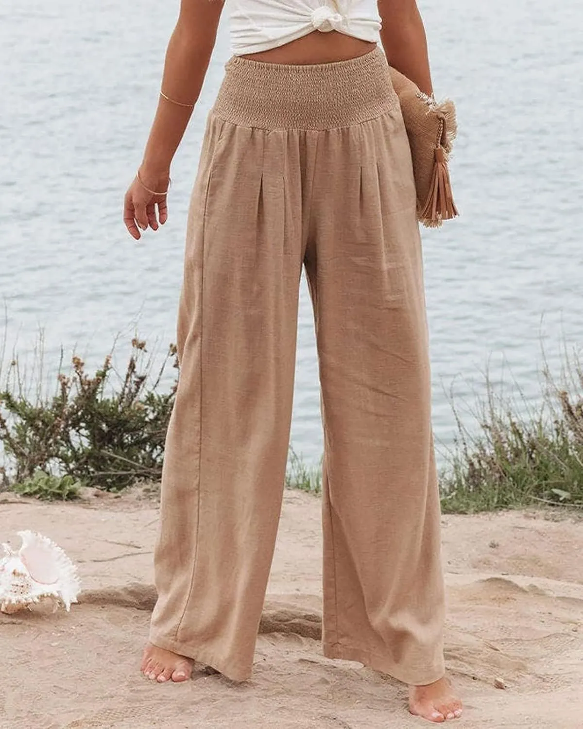 Womens High Waist Palazzo Linen Pants Wide Leg Casual Lightweight Trousers Summer Hawaii Beach Pants Vacation Outfits