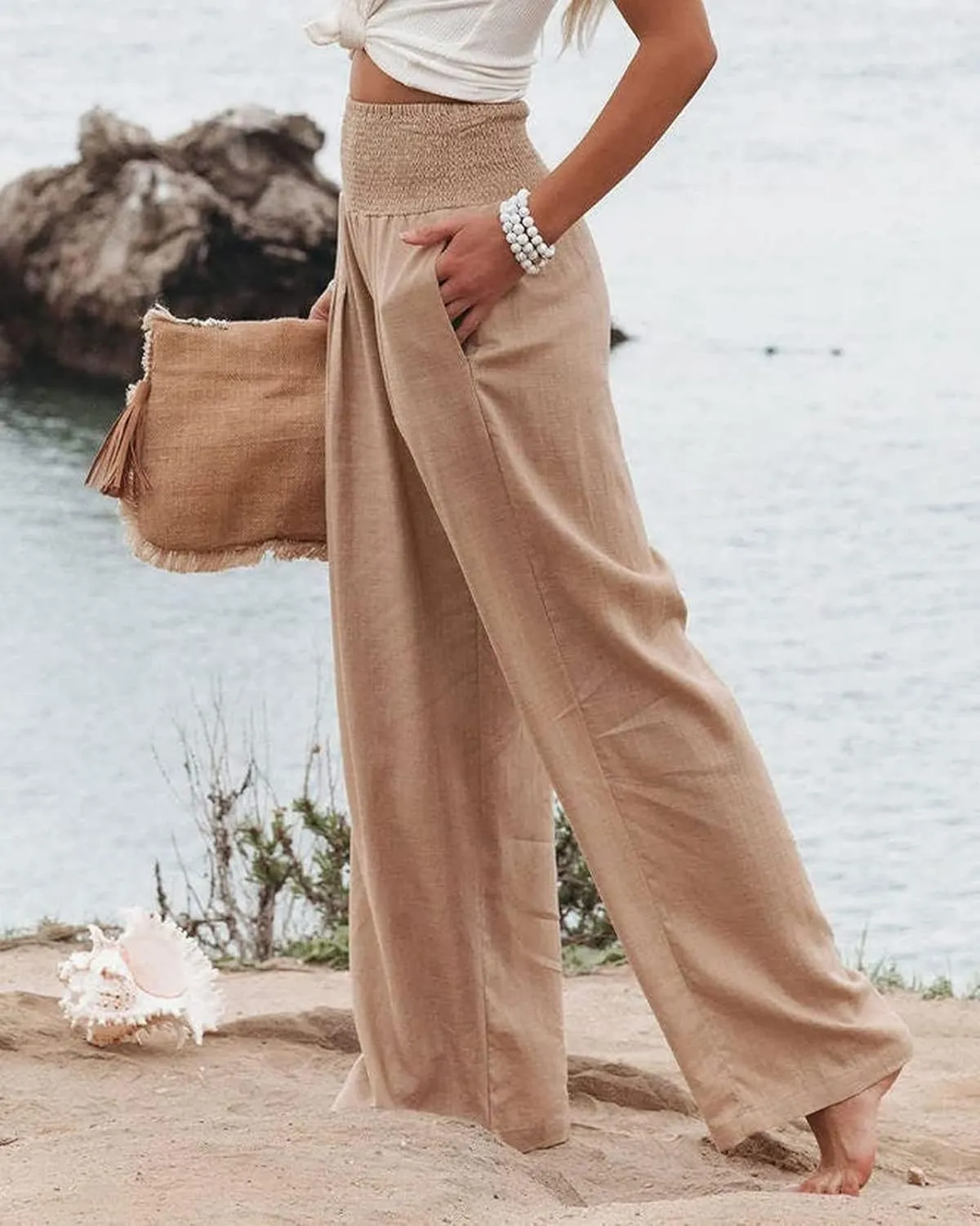 Womens High Waist Palazzo Linen Pants Wide Leg Casual Lightweight Trousers Summer Hawaii Beach Pants Vacation Outfits