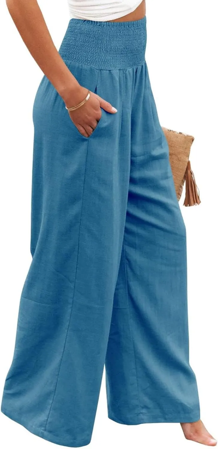 Womens High Waist Palazzo Linen Pants Wide Leg Casual Lightweight Trousers Summer Hawaii Beach Pants Vacation Outfits