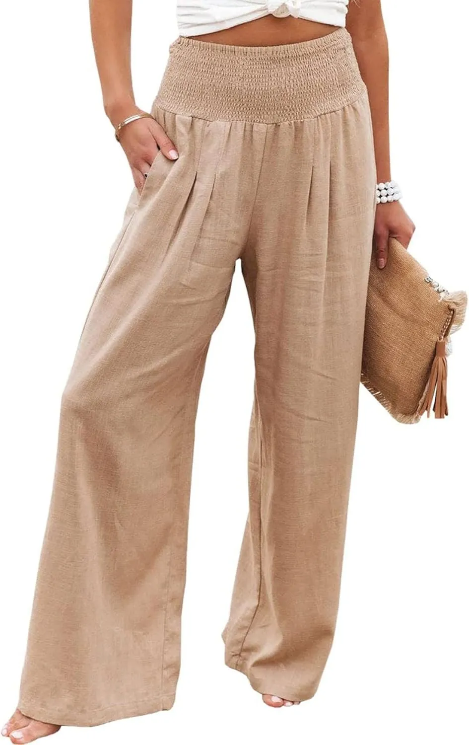 Womens High Waist Palazzo Linen Pants Wide Leg Casual Lightweight Trousers Summer Hawaii Beach Pants Vacation Outfits