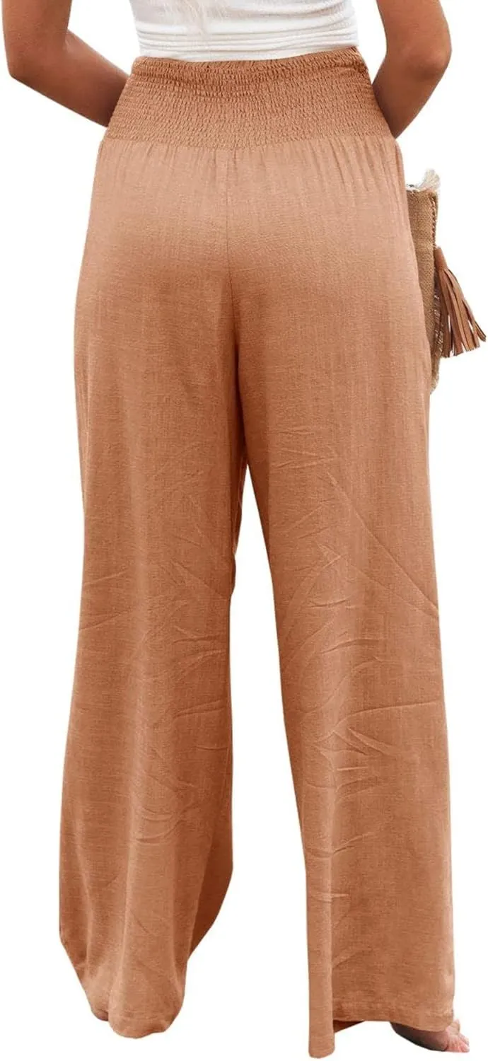 Womens High Waist Palazzo Linen Pants Wide Leg Casual Lightweight Trousers Summer Hawaii Beach Pants Vacation Outfits