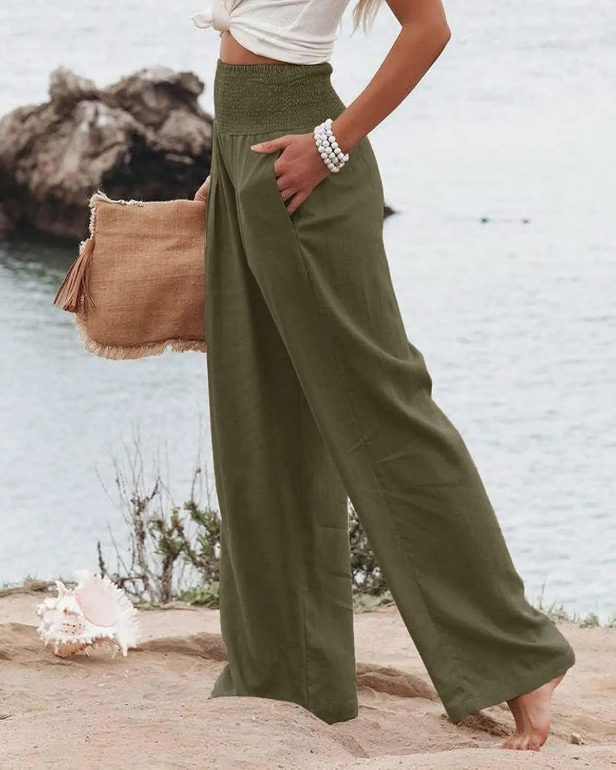 Womens High Waist Palazzo Linen Pants Wide Leg Casual Lightweight Trousers Summer Hawaii Beach Pants Vacation Outfits