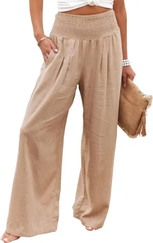 Womens High Waist Palazzo Linen Pants Wide Leg Casual Lightweight Trousers Summer Hawaii Beach Pants Vacation Outfits