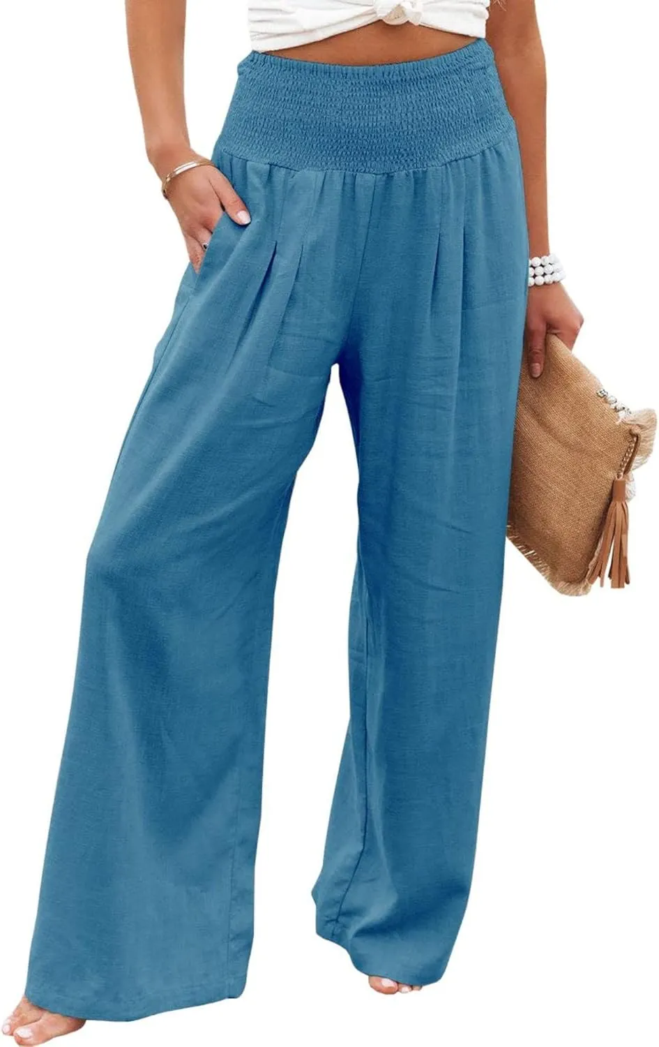 Womens High Waist Palazzo Linen Pants Wide Leg Casual Lightweight Trousers Summer Hawaii Beach Pants Vacation Outfits