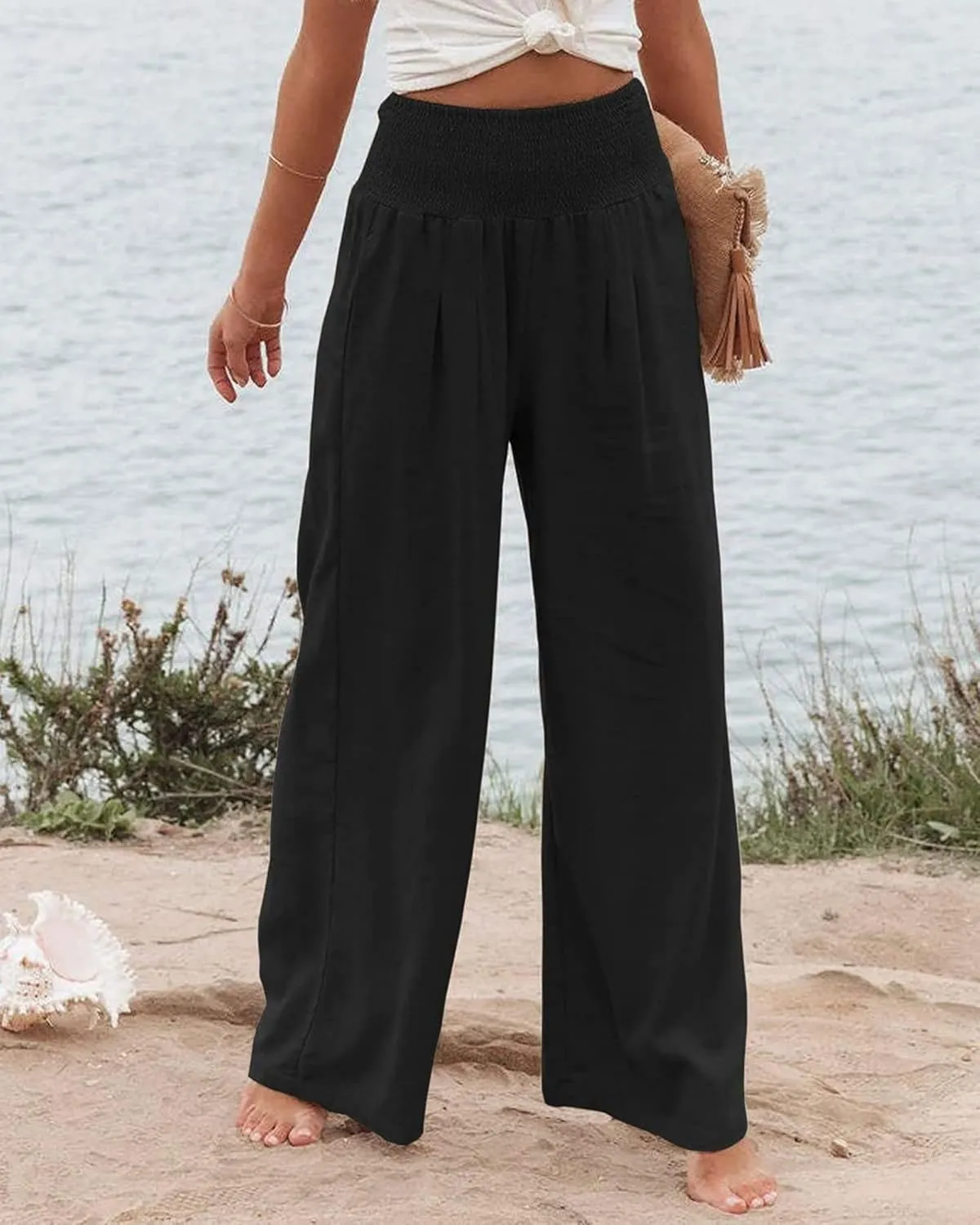 Womens High Waist Palazzo Linen Pants Wide Leg Casual Lightweight Trousers Summer Hawaii Beach Pants Vacation Outfits