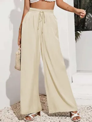 Women's High Waisted Casual Pants Solid Color Elastic Waist Lace Up Wide-Leg Pant Business Leisure Work Trousers