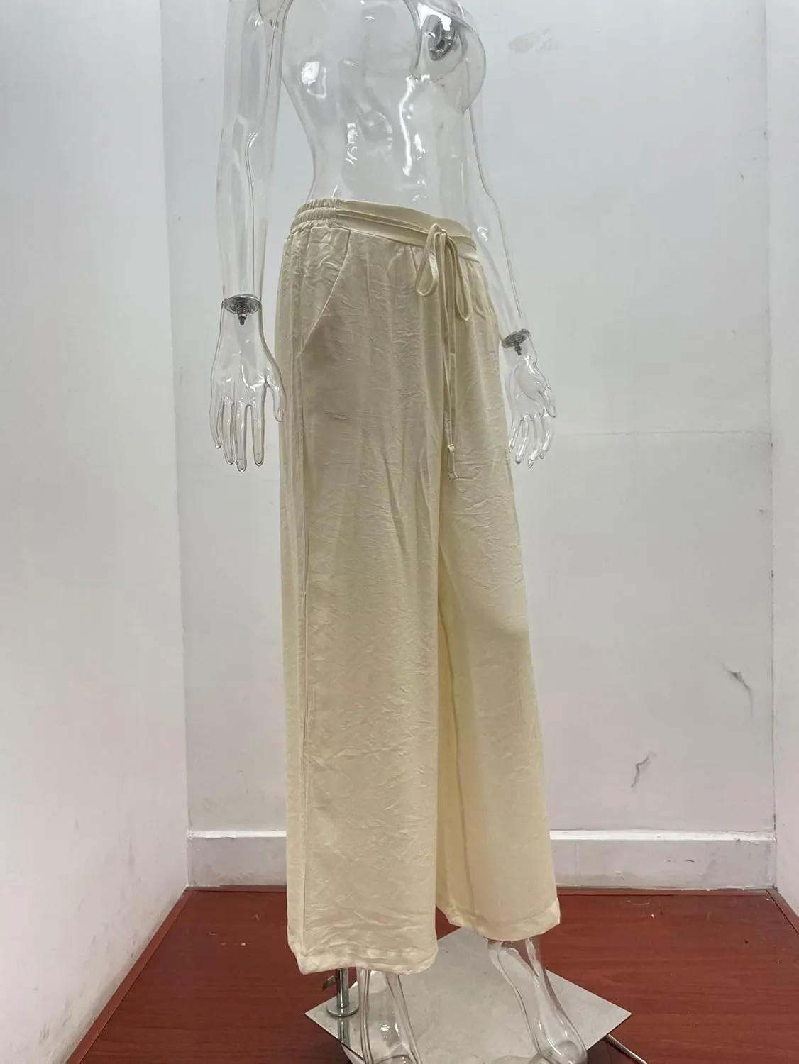 Women's High Waisted Casual Pants Solid Color Elastic Waist Lace Up Wide-Leg Pant Business Leisure Work Trousers