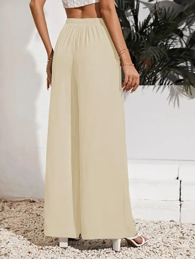 Women's High Waisted Casual Pants Solid Color Elastic Waist Lace Up Wide-Leg Pant Business Leisure Work Trousers