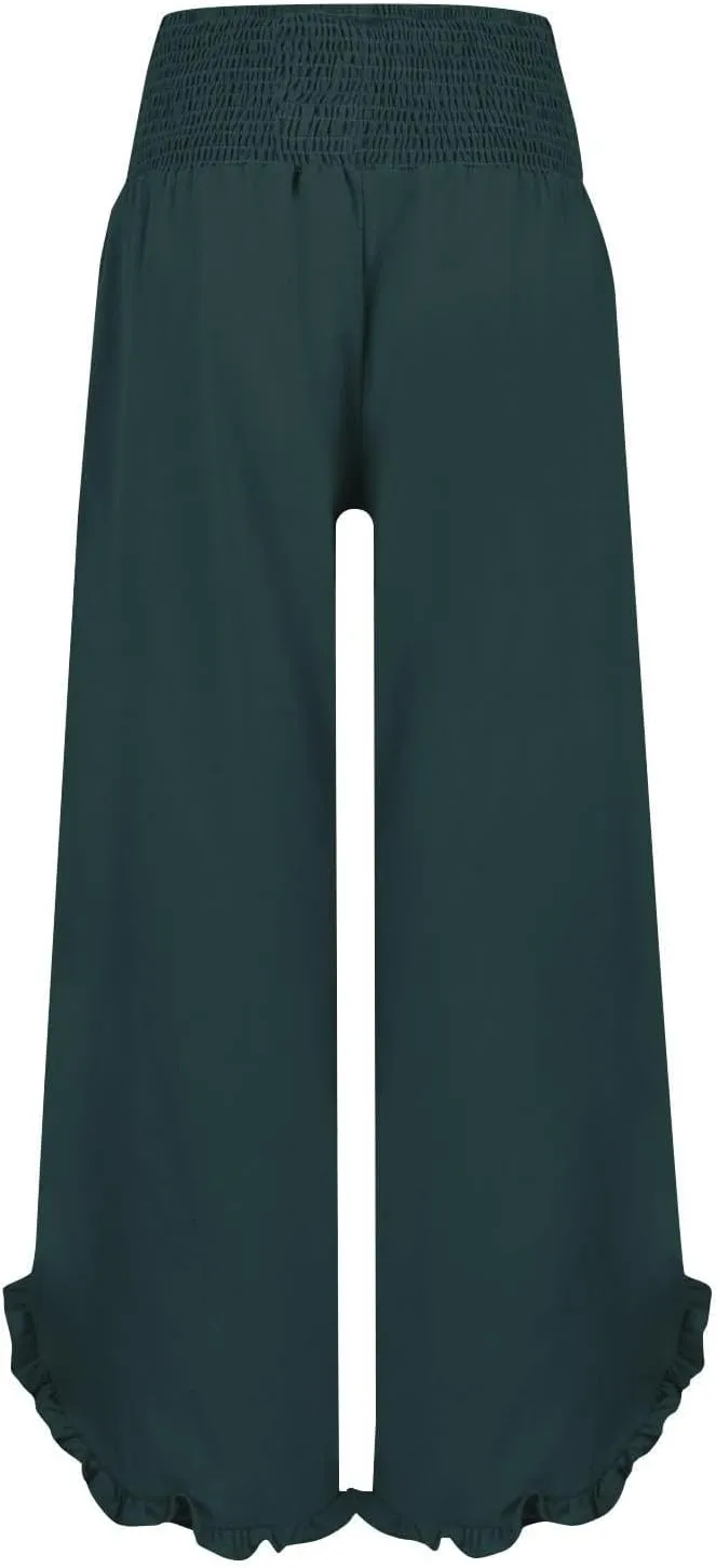 Women's High-Waisted Pleated Ruffle Hem Flowy Trousers Cotton and Linen Casual Beach Pants Wide Leg Palazzo Pant