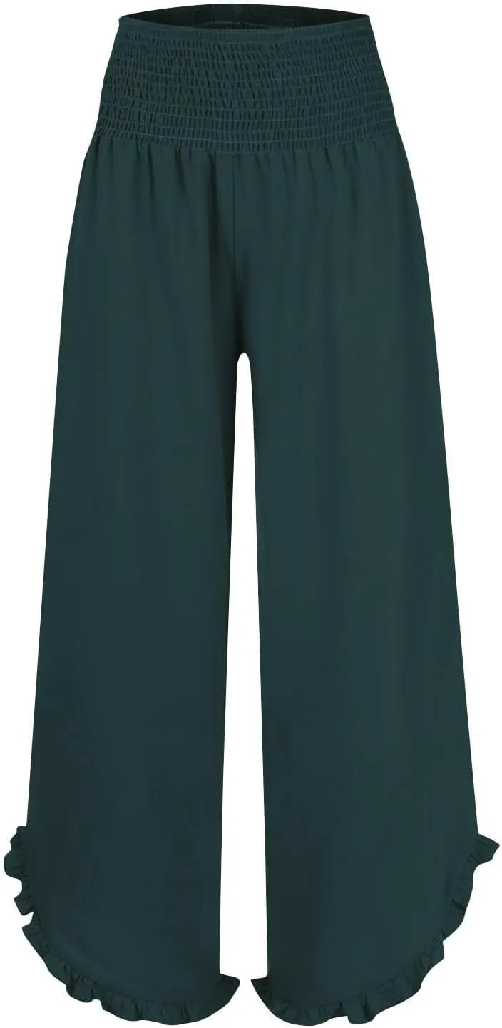 Women's High-Waisted Pleated Ruffle Hem Flowy Trousers Cotton and Linen Casual Beach Pants Wide Leg Palazzo Pant