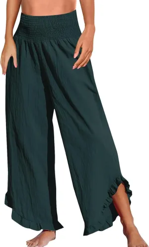 Women's High-Waisted Pleated Ruffle Hem Flowy Trousers Cotton and Linen Casual Beach Pants Wide Leg Palazzo Pant