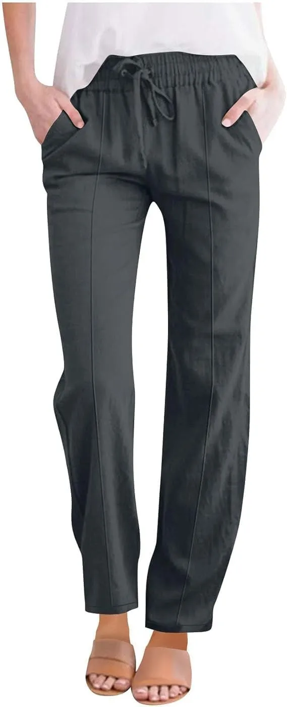 Women's Large Size Loose Cotton Linen Casual Trousers High Waisted Drawstring Beach Pants Lounge Pant with Pocket