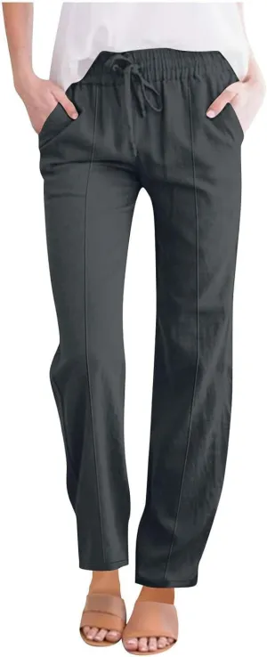 Women's Large Size Loose Cotton Linen Casual Trousers High Waisted Drawstring Beach Pants Lounge Pant with Pocket