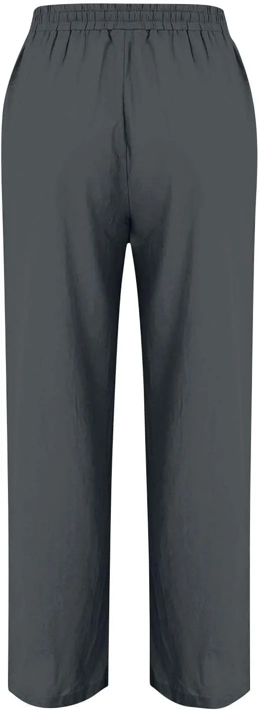 Women's Large Size Loose Cotton Linen Casual Trousers High Waisted Drawstring Beach Pants Lounge Pant with Pocket