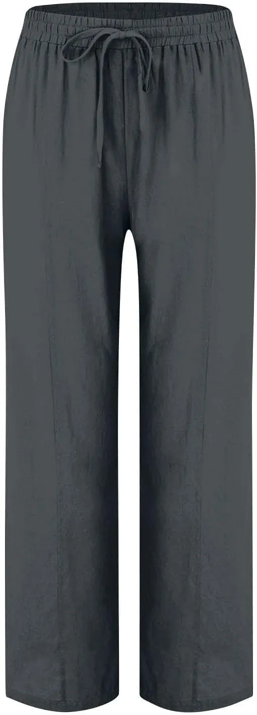 Women's Large Size Loose Cotton Linen Casual Trousers High Waisted Drawstring Beach Pants Lounge Pant with Pocket