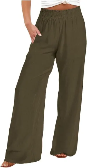 Women's Linen Palazzo Pants with Pockets Flowy Wide Leg Beach Lounge Trousers Summer Casual Vacation Dress Pant
