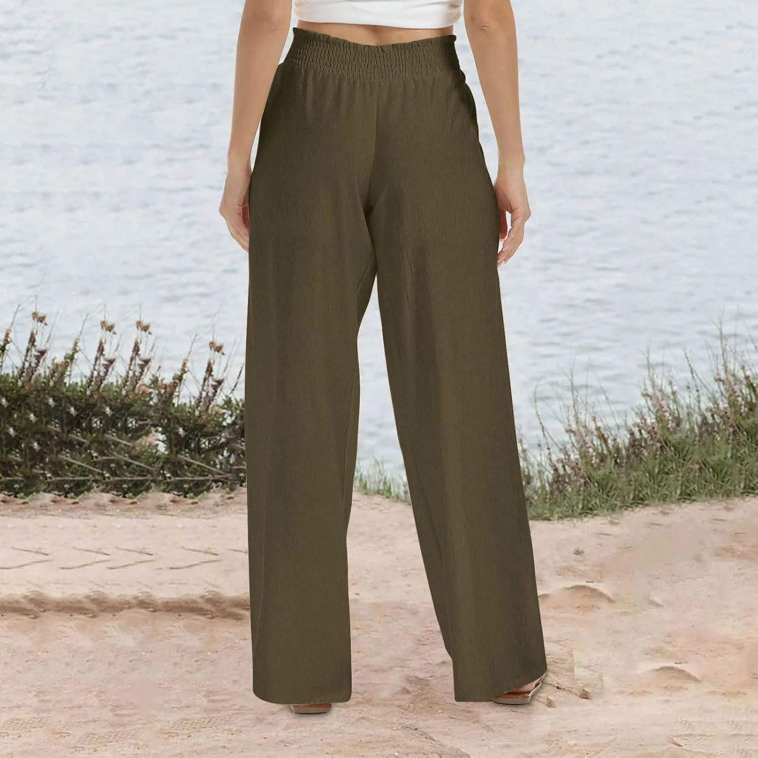Women's Linen Palazzo Pants with Pockets Flowy Wide Leg Beach Lounge Trousers Summer Casual Vacation Dress Pant
