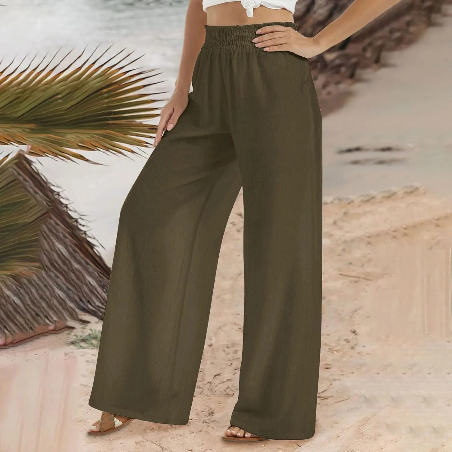 Women's Linen Palazzo Pants with Pockets Flowy Wide Leg Beach Lounge Trousers Summer Casual Vacation Dress Pant