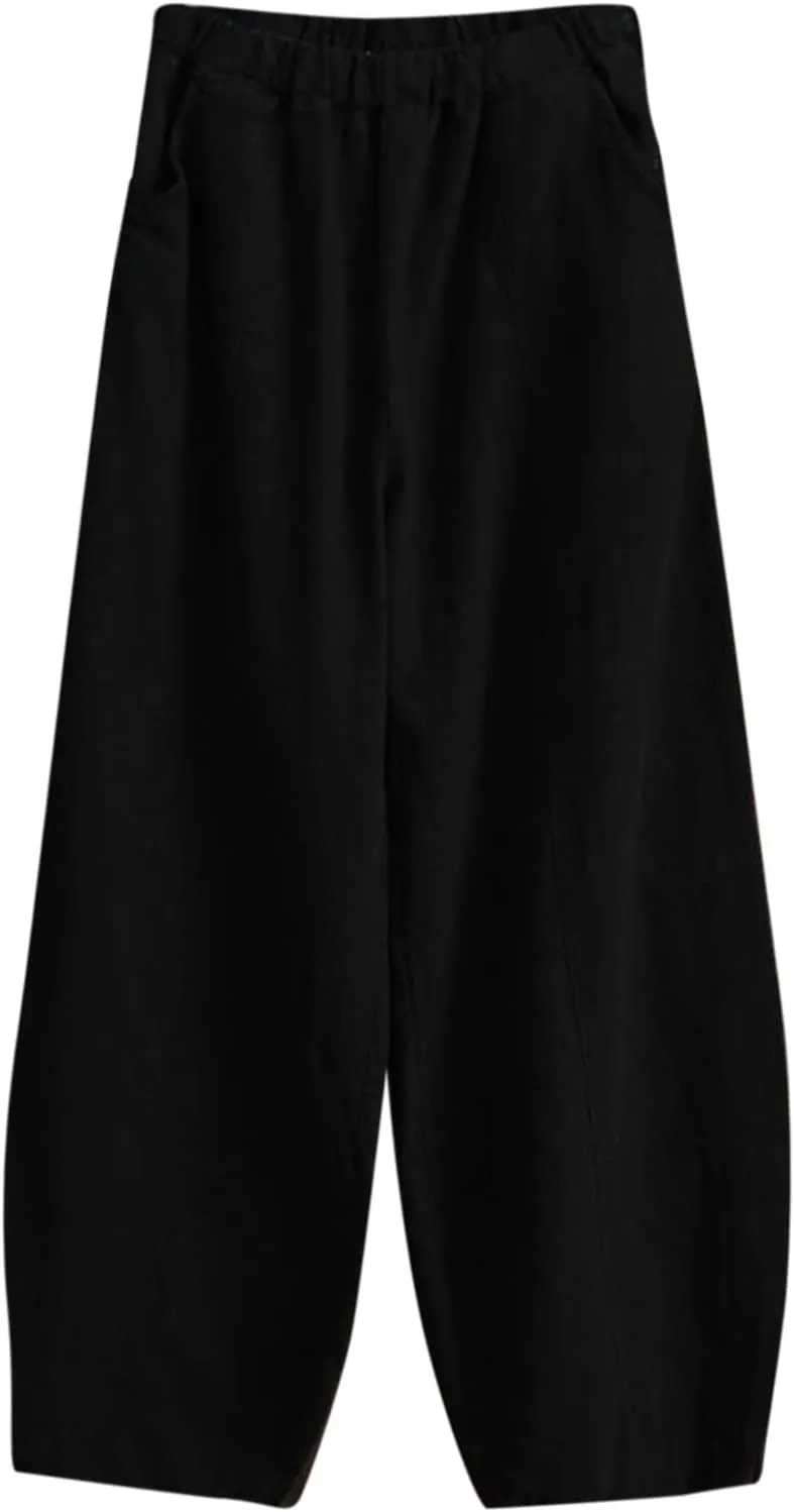 Womens Linen Pants Baggy Casual Summer Boho Beach Flowy Solid Color High Waisted Wide Leg Pants Stretch Trousers with Pockets