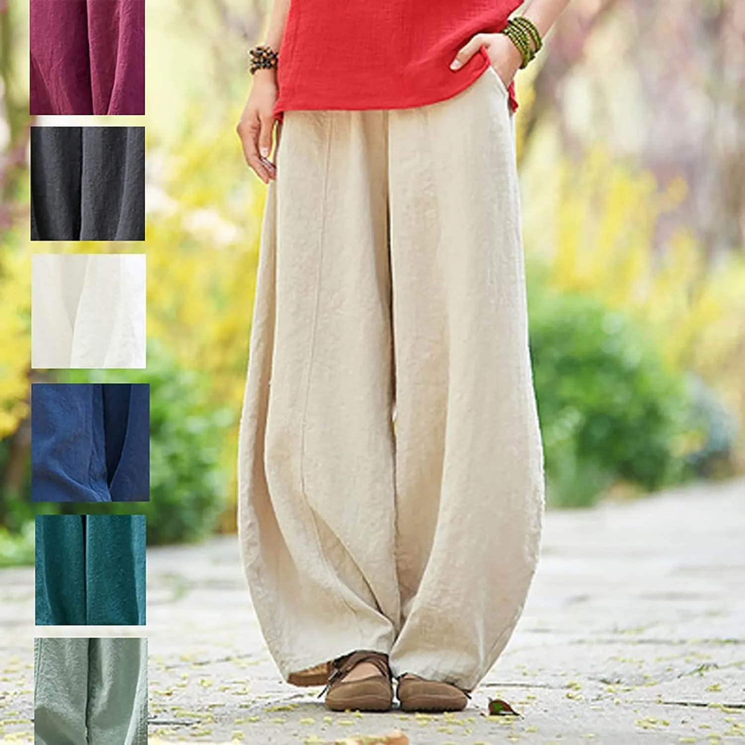 Womens Linen Pants Baggy Casual Summer Boho Beach Flowy Solid Color High Waisted Wide Leg Pants Stretch Trousers with Pockets