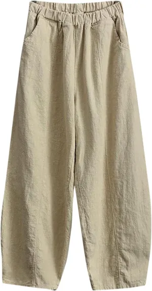Womens Linen Pants Baggy Casual Summer Boho Beach Flowy Solid Color High Waisted Wide Leg Pants Stretch Trousers with Pockets