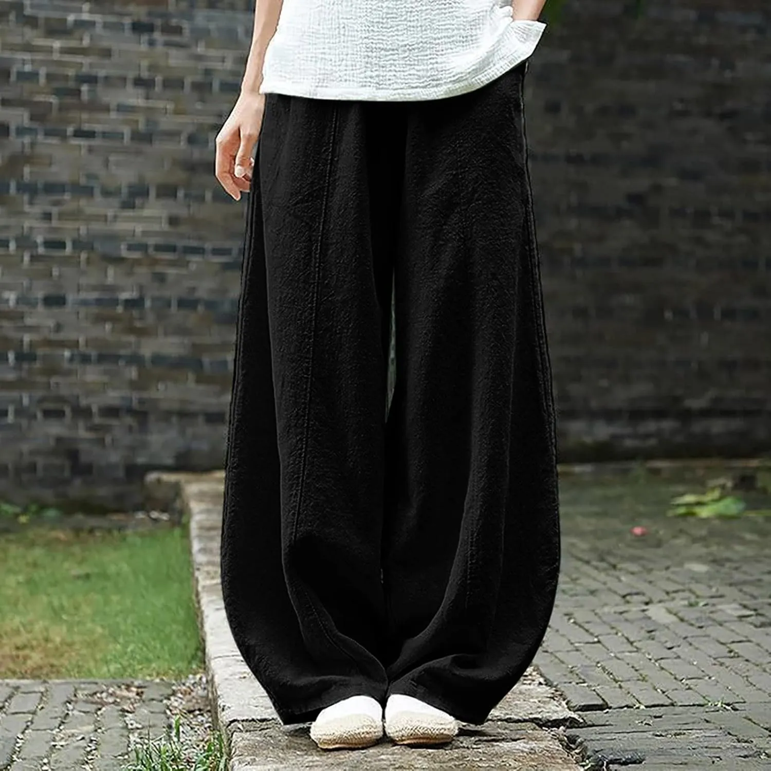 Womens Linen Pants Baggy Casual Summer Boho Beach Flowy Solid Color High Waisted Wide Leg Pants Stretch Trousers with Pockets