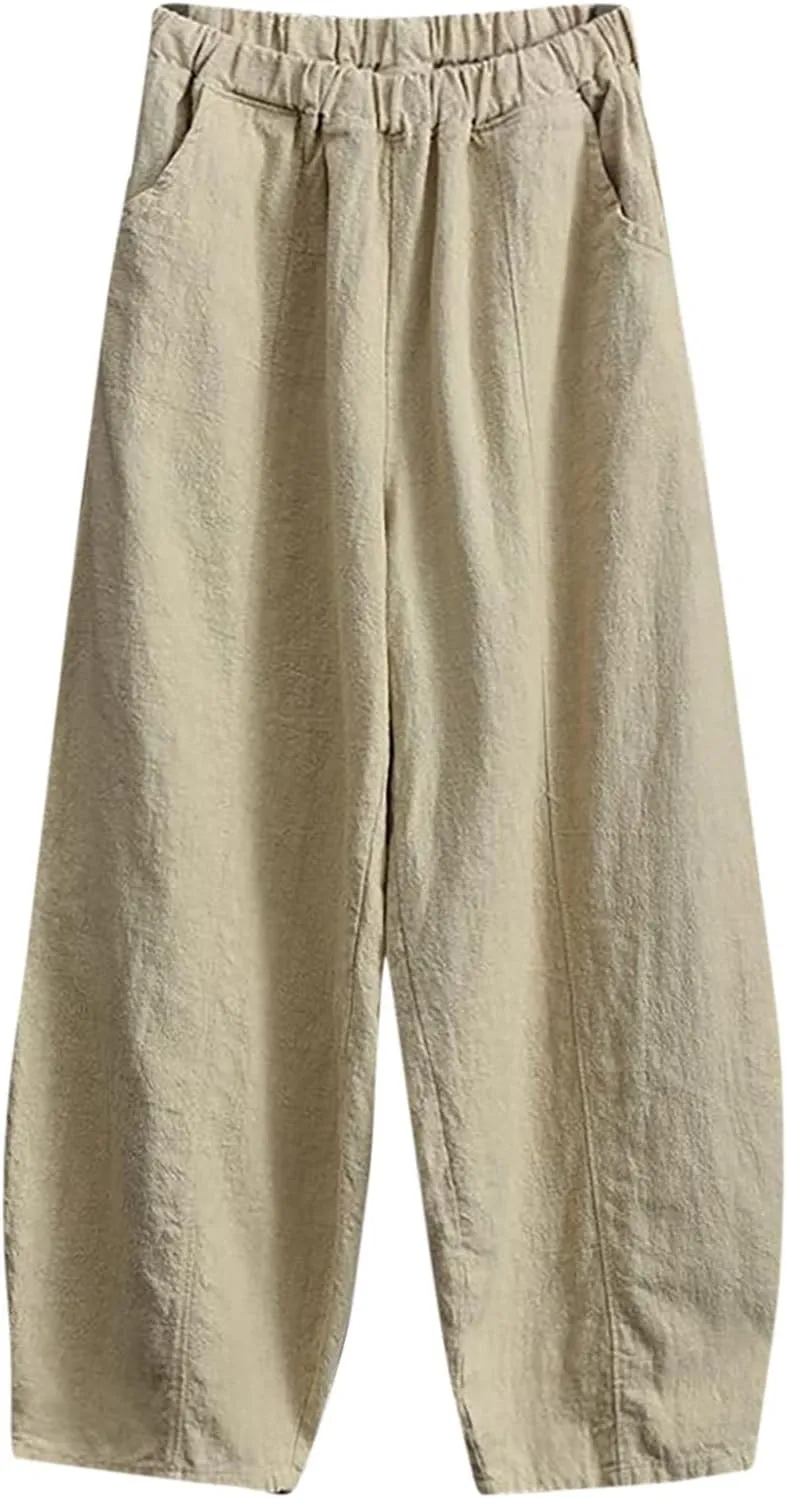 Womens Linen Pants Baggy Casual Summer Boho Beach Flowy Solid Color High Waisted Wide Leg Pants Stretch Trousers with Pockets