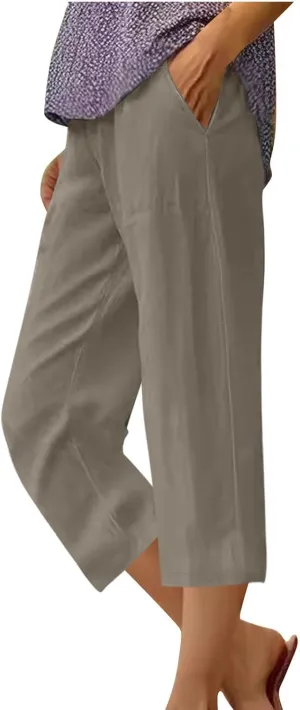 Women's Linen Pants Capri Summer Beach Trousers Straight Leg Trousers High Waisted Elastic Waist Pants for Women