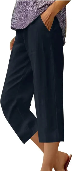 Women's Linen Pants Capri Summer Beach Trousers Straight Leg Trousers High Waisted Elastic Waist Pants for Women