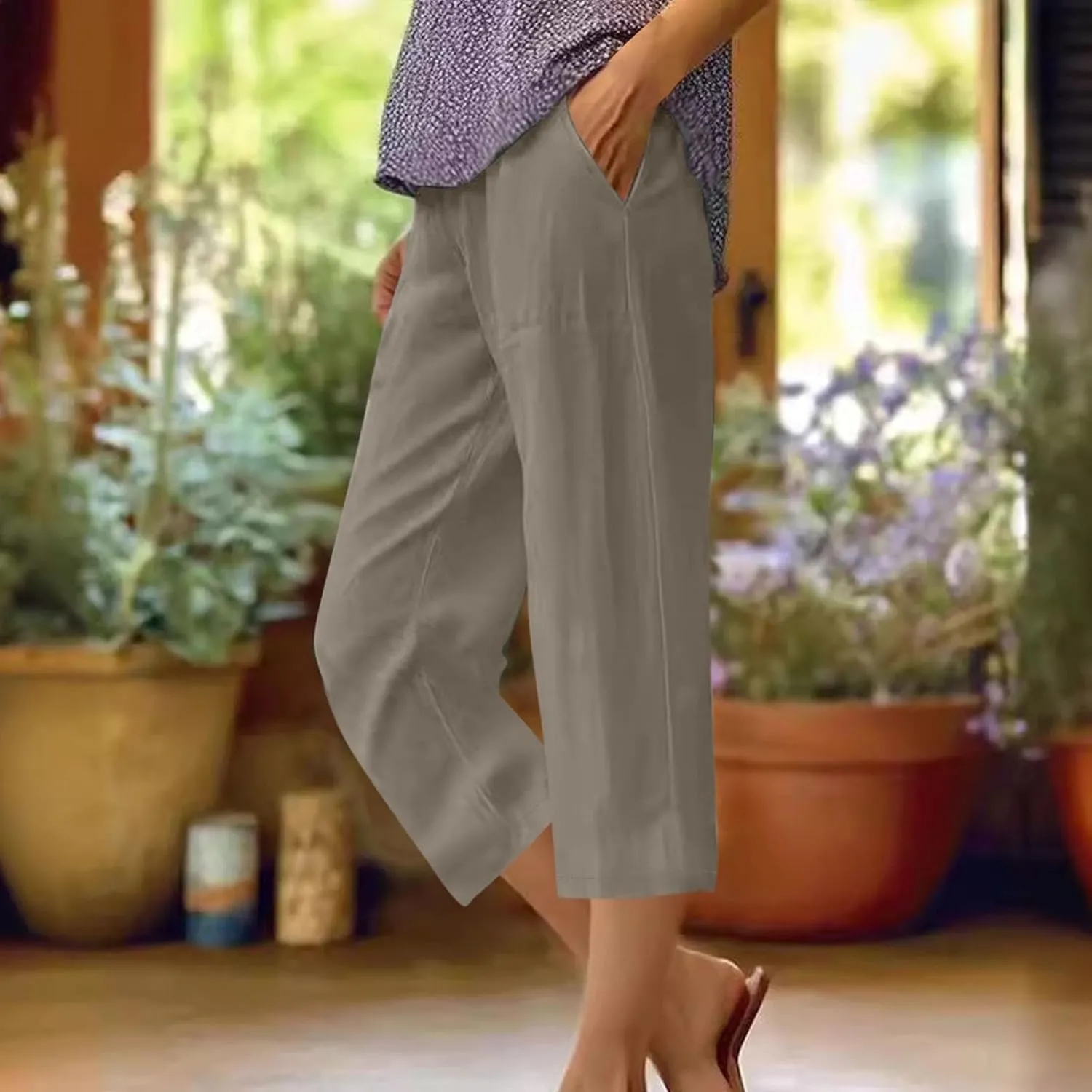 Women's Linen Pants Capri Summer Beach Trousers Straight Leg Trousers High Waisted Elastic Waist Pants for Women
