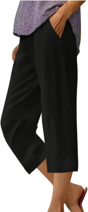 Women's Linen Pants Capri Summer Beach Trousers Straight Leg Trousers High Waisted Elastic Waist Pants for Women